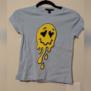 NWT Forever 21 Blue T-Shirt with Yellow Dripping Smiley
